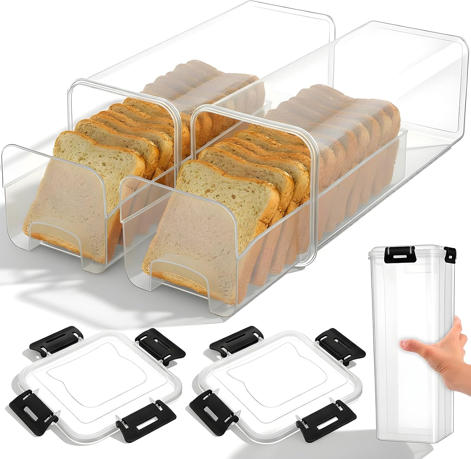 Drawer Organizer Tray - กล่องเก็บขนมปังพร้อมฝาปิดกันอากาศ กล่องพลาสติกใสสำหรับเก็บขนมปังพร้อมถาดลิ้นชักสำหรับแซนด์วิชและขนมปังก้อน กล่องเก็บขนมปังใส