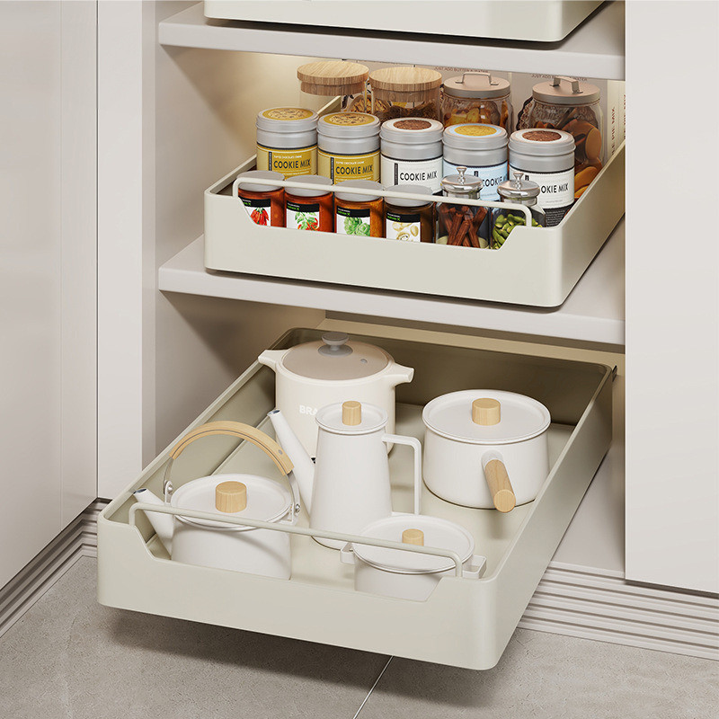 Drawer Organizer Tray - ที่เก็บของในครัวแบบโลหะพร้อมรางเลื่อน ถาดเก็บของแบบดึงออกได้ ชั้นวางเครื่องเทศ ตู้เก็บของ